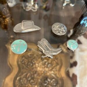 Vintage Nony Western Silver-Tone Button Covers Set Cowboy Boot Hat Turquoise